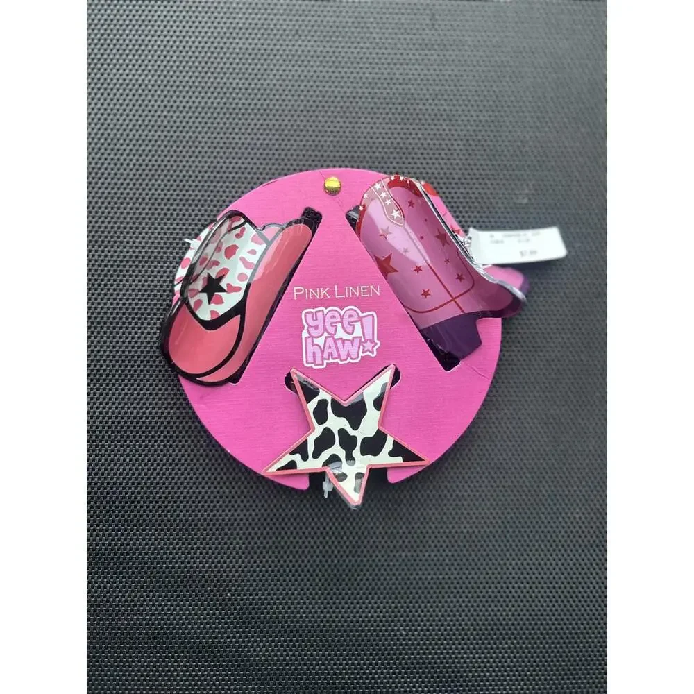 Pink Linen Yeehaw Hair Clip Set NWT Cowgirl Western Boot Star Hat Cute Cowprint